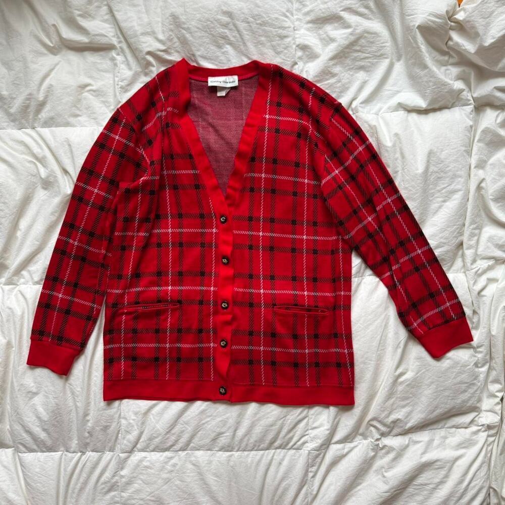 Vintage 90s red‎ plaid cardigan Cathy Daniel’s sz med academia Americana maximal